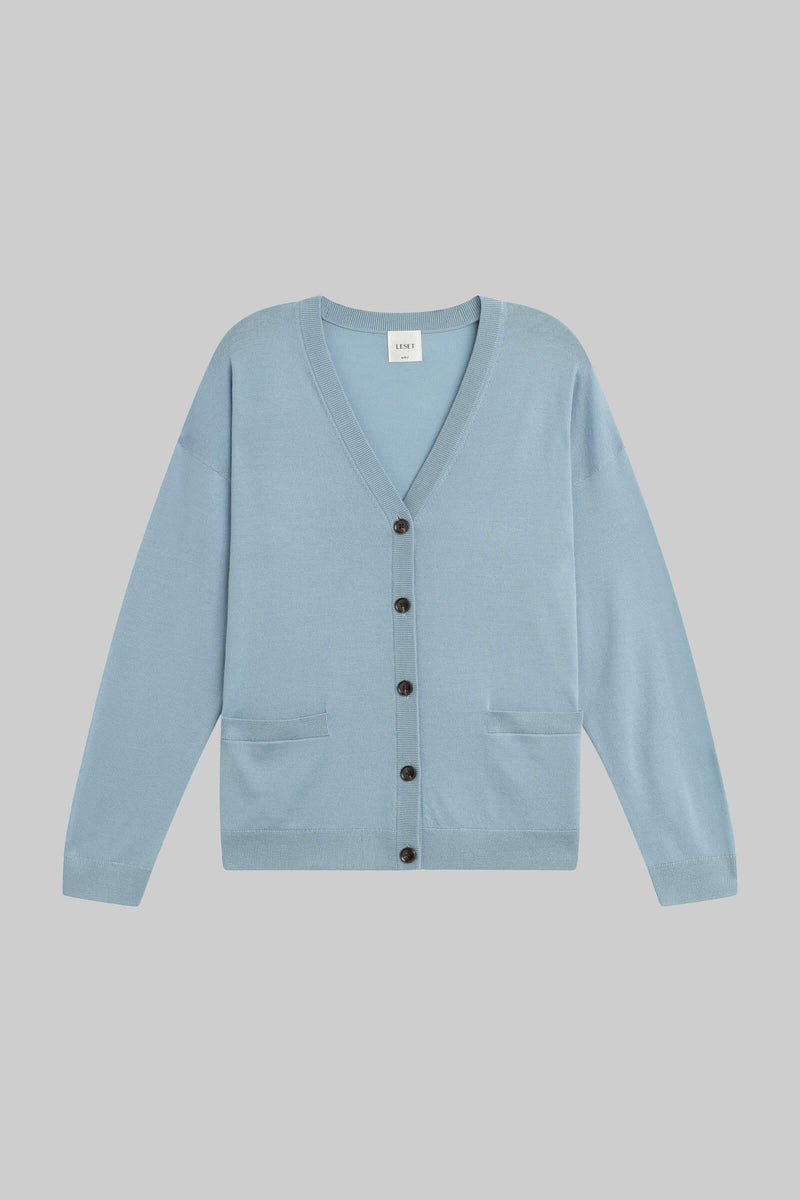 LESET James V Neck Cardigan in Sky in Wool