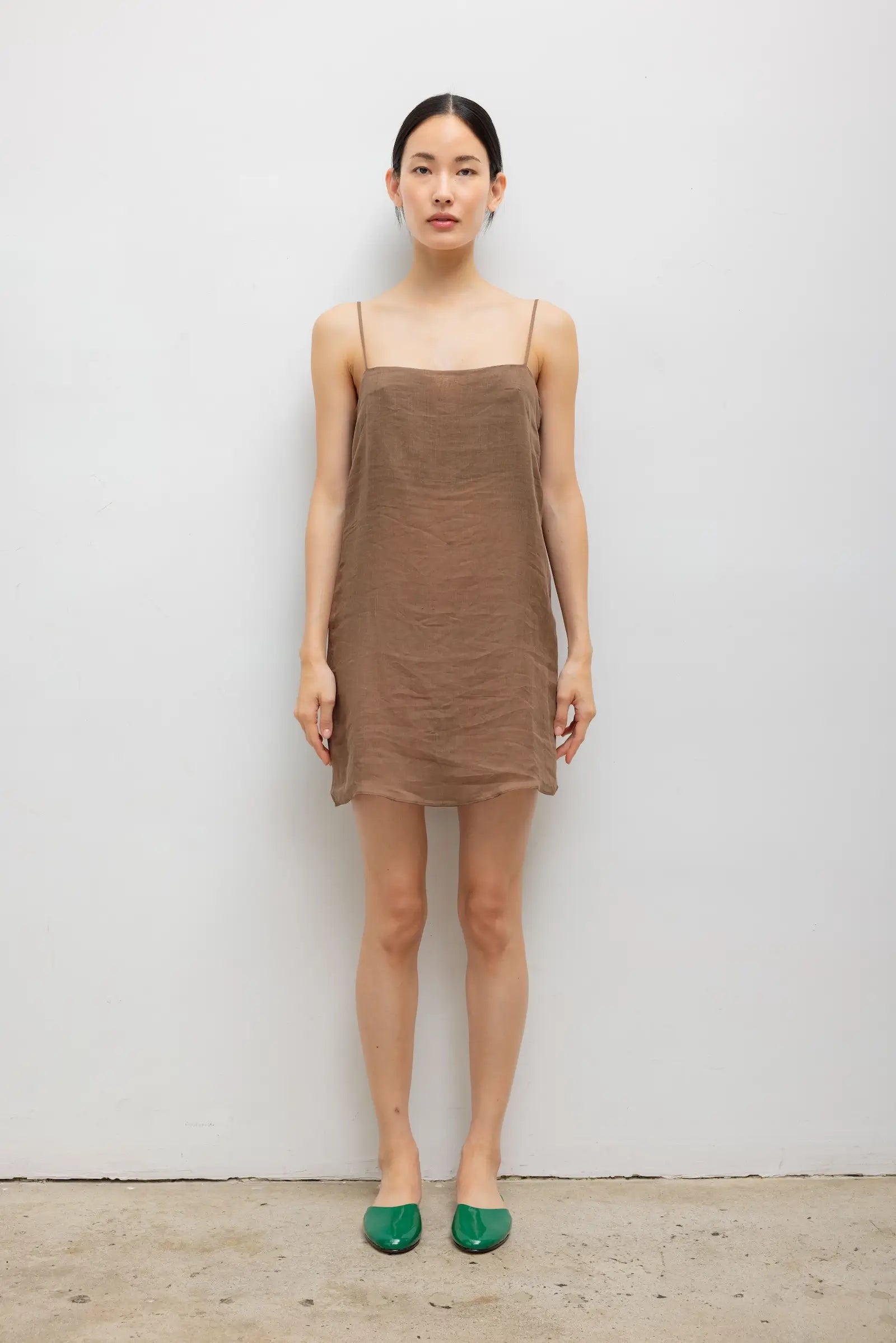 Niko Cami Mini Dress in Chocolate in Linen LESET Niko Cami Mini Dress in Chocolate in Linen LESET