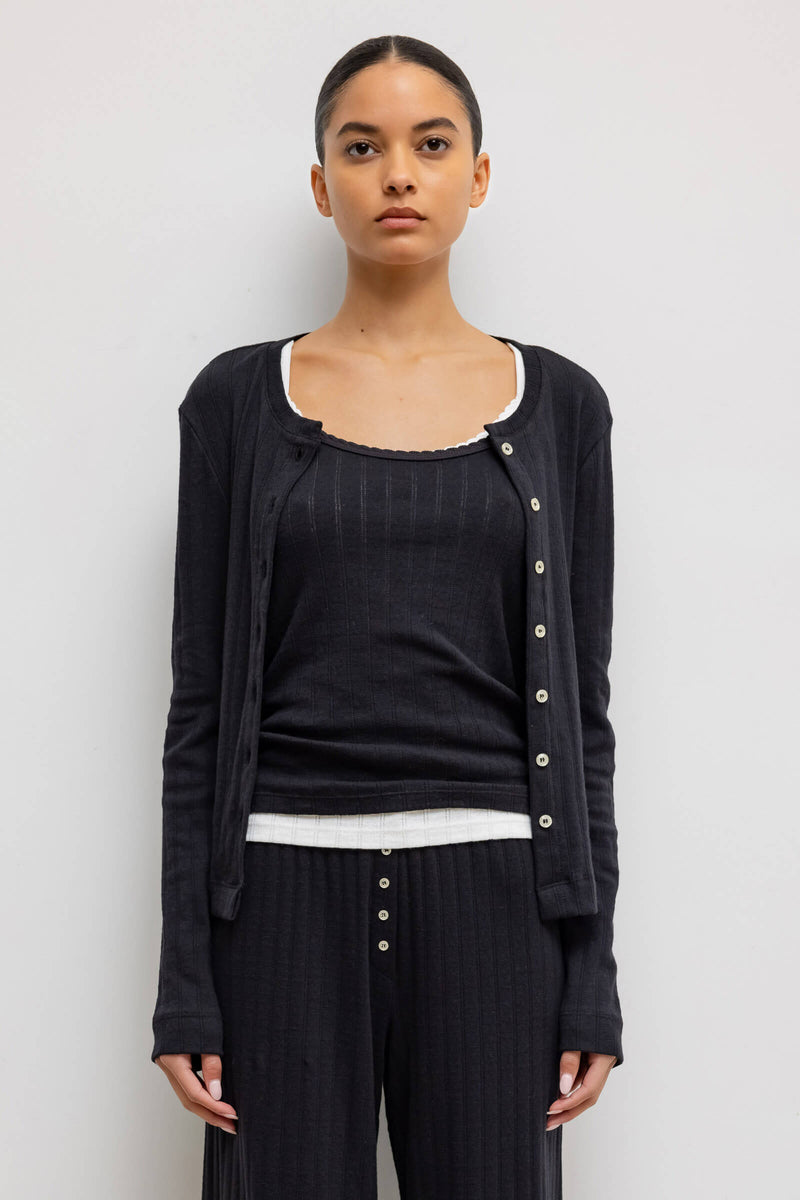 LESET Pointelle Classic Crew Cardigan in Black in Cotton