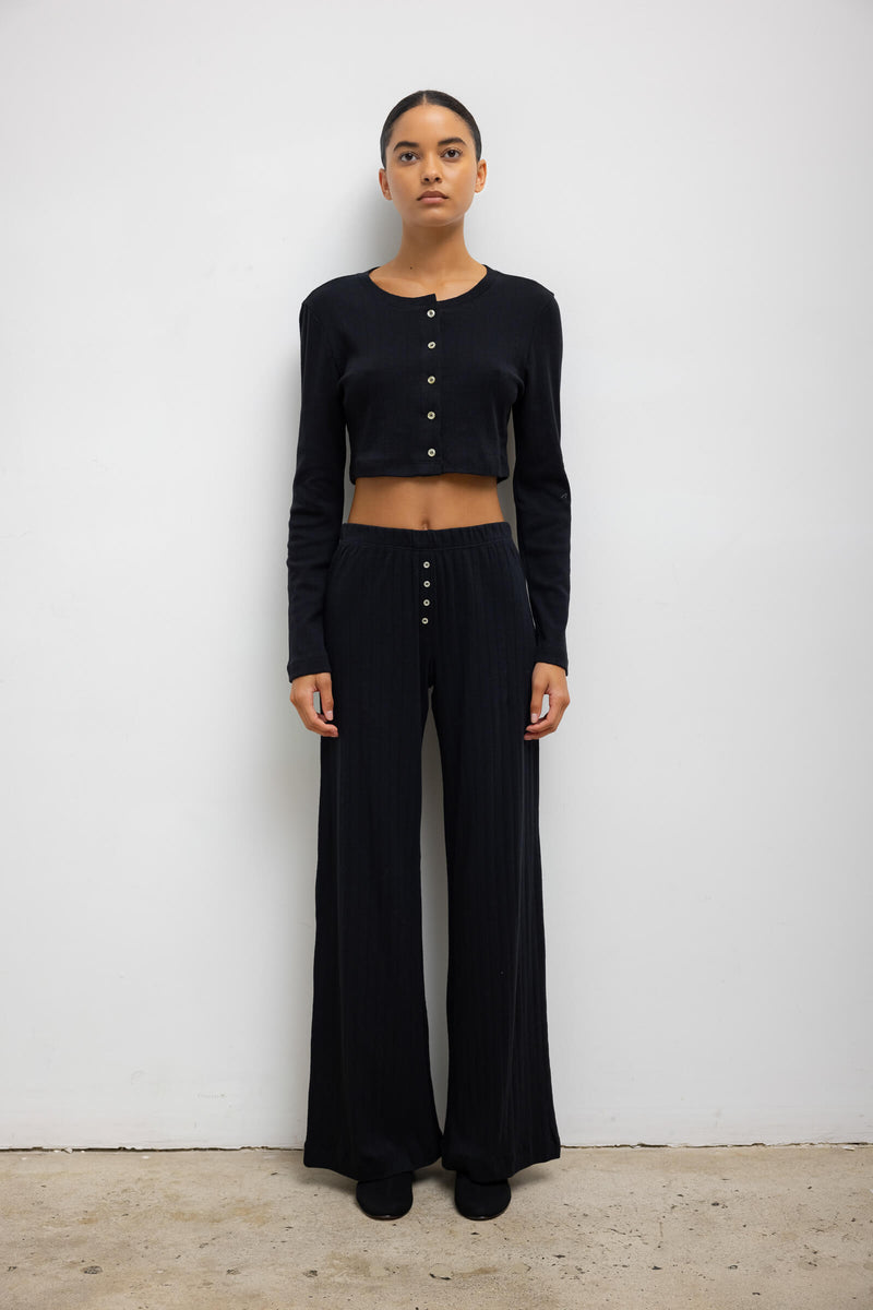 LESET Pointelle Crop Cardigan in Black in Cotton