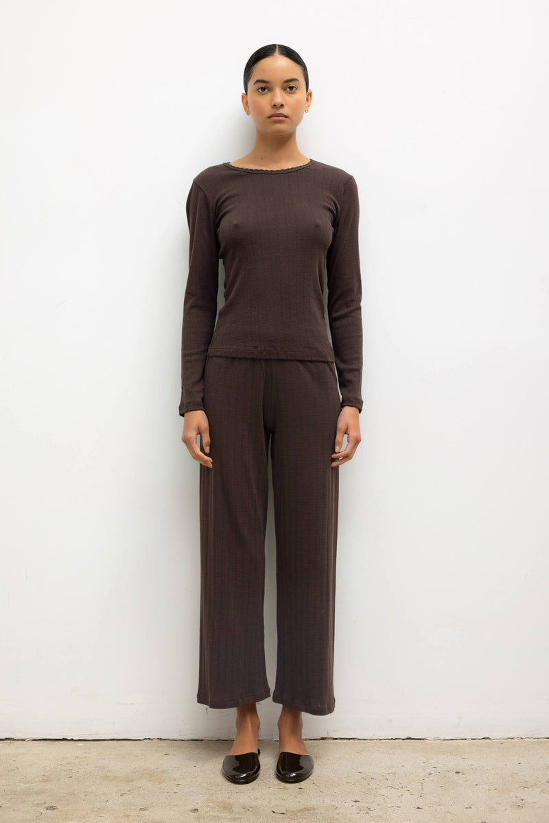 LESET Pointelle Crop Wide Leg Pant in Choco in Cotton