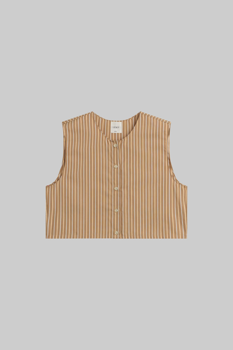 LESET Yoshi Crewneck Vest in Mocha Brown Stripe in Cotton