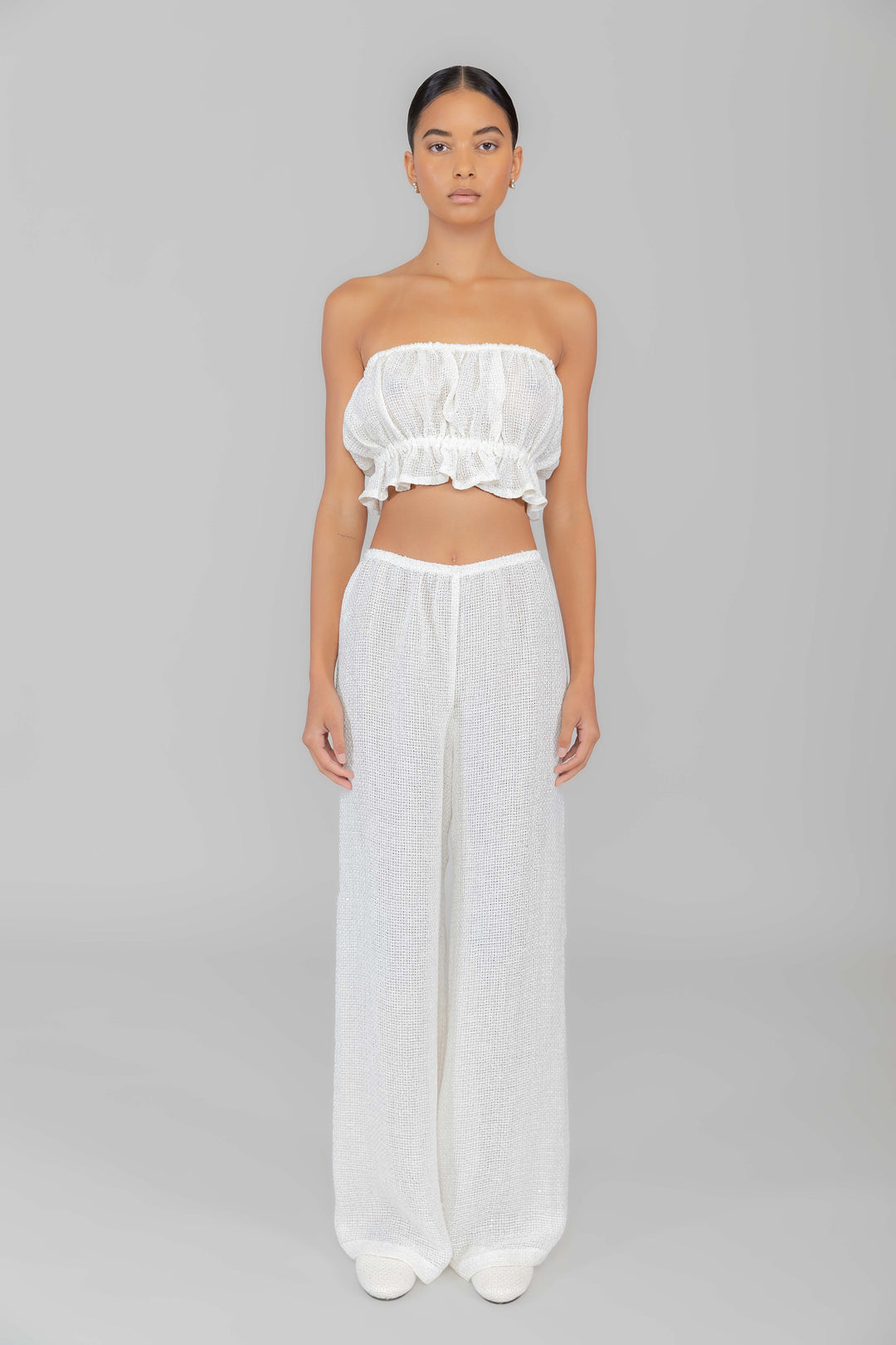 LESET Stella Ruffle Tube Top in White in Linen