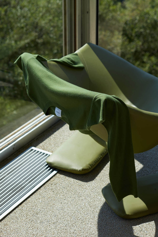 Green sweater draped on a green chair