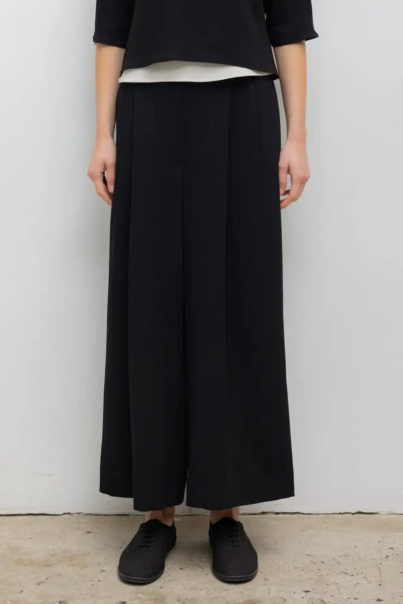 Close up of model in Arielle crop wide leg trouser in black