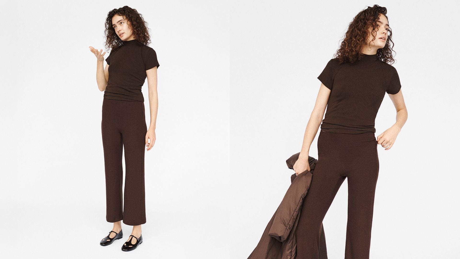 Two images showing model in chocolate lauren set, margo tee and crop flare pant with black mary jane shoes in front of white background.
