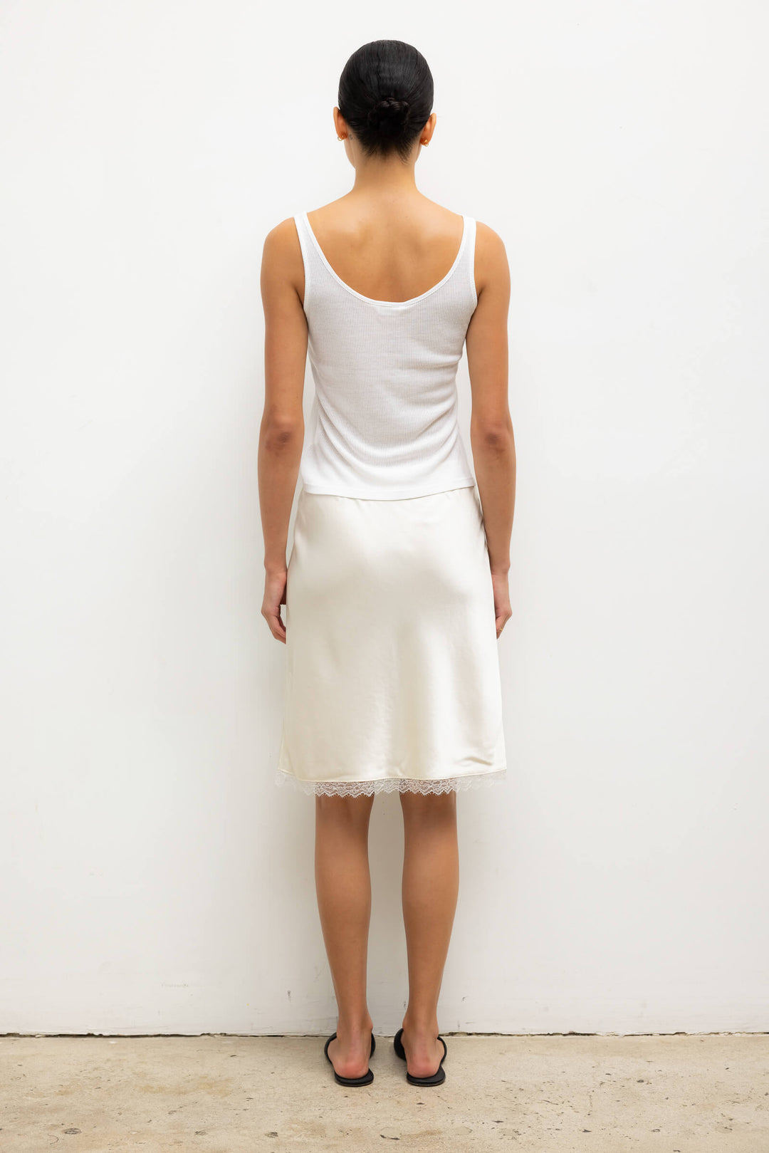 LESET Barb Lace Slip Skirt in Creme in Satin
