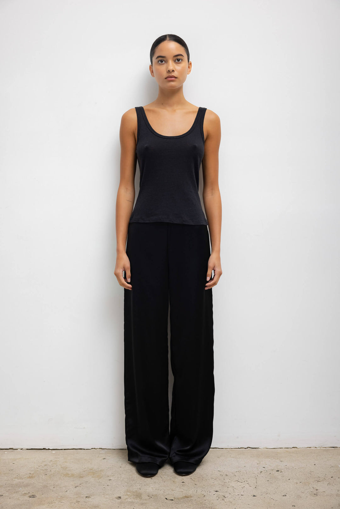 LESET Barb Wide Leg Pant in Black in Satin