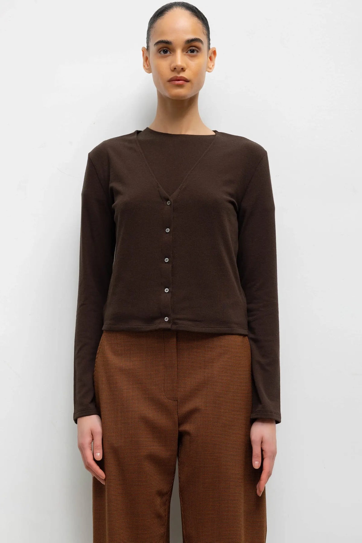 Lauren V Neck Cardigan - Chocolate - Image 1
