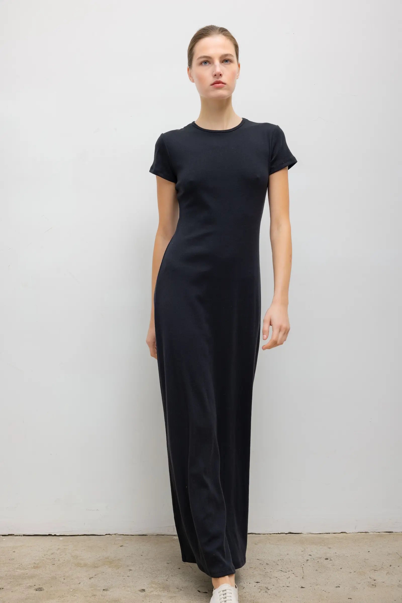 long black maxi dress with short sleeves Draped Short Sleeve Crystal Maxi Dress Black