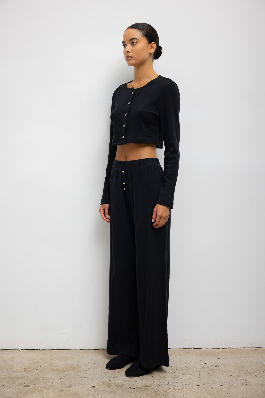 LESET Pointelle Crop Cardigan in Black in Cotton