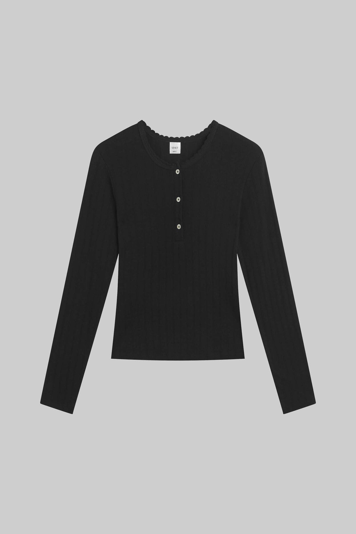 Pointelle Long Sleeve Henley - Black - Image 2
