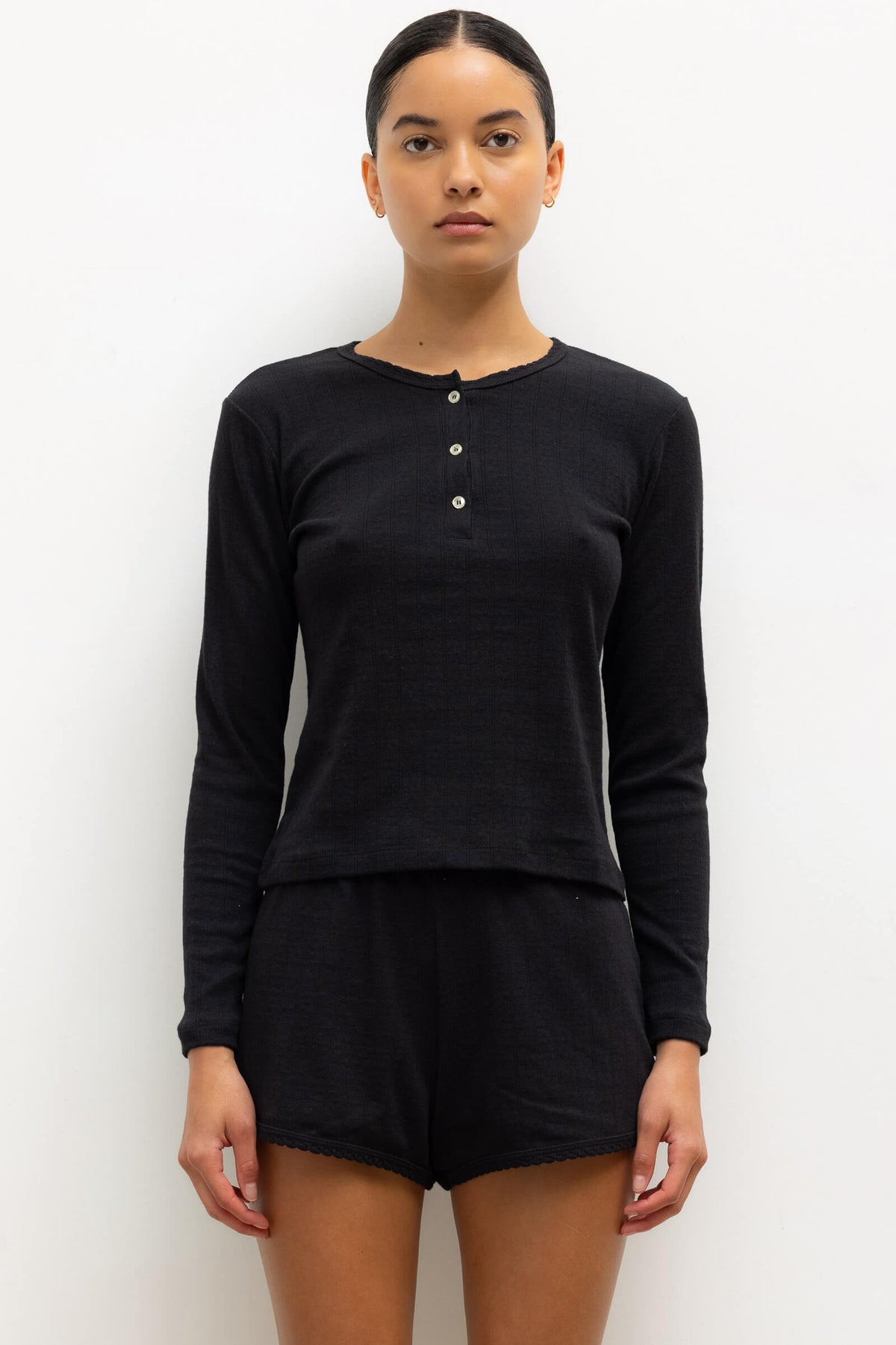 Pointelle Long Sleeve Henley - Black - Image 1