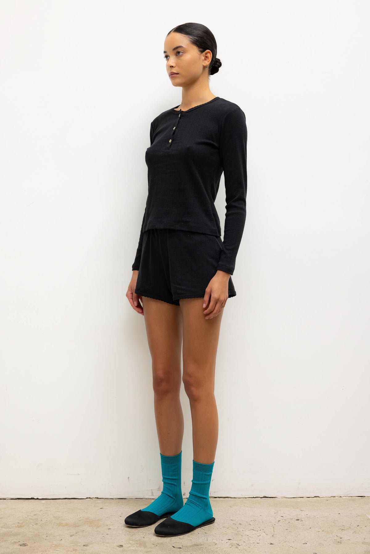 Pointelle Long Sleeve Henley - Black - Image 6