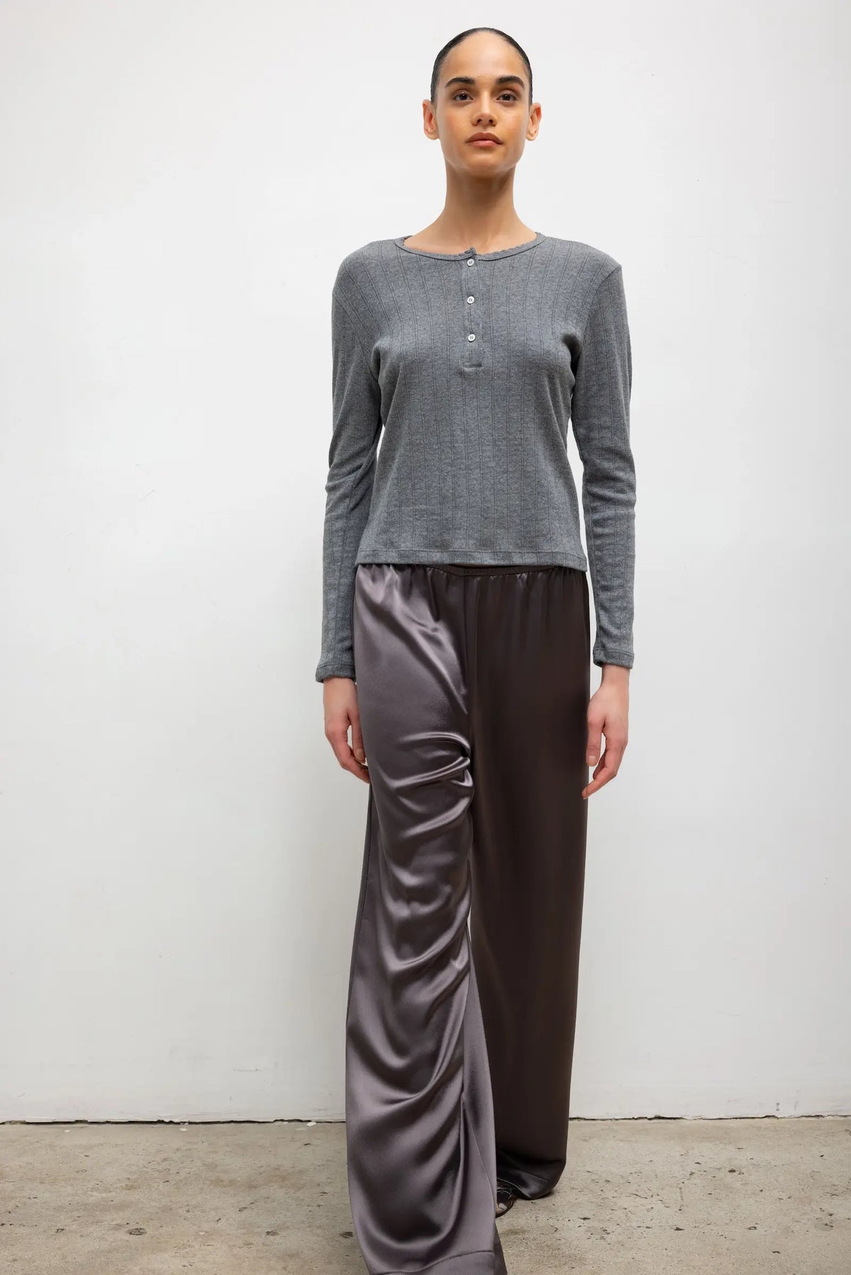 Pre-Order: Pointelle Long Sleeve Henley - Granite - Image 4