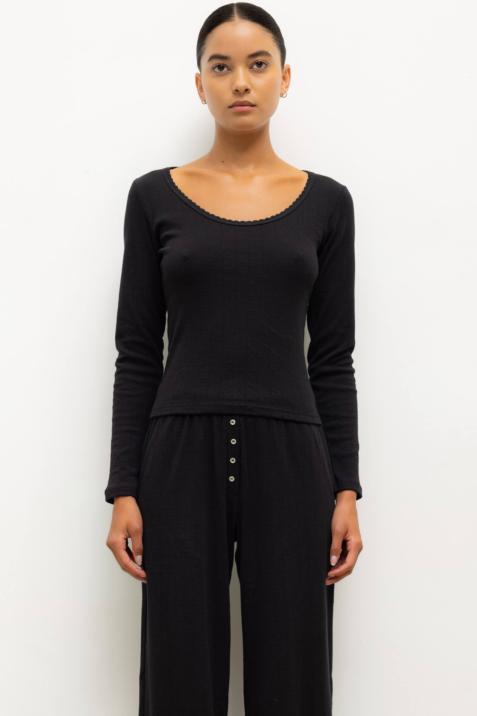 Pointelle Long Sleeve Scoop Neck