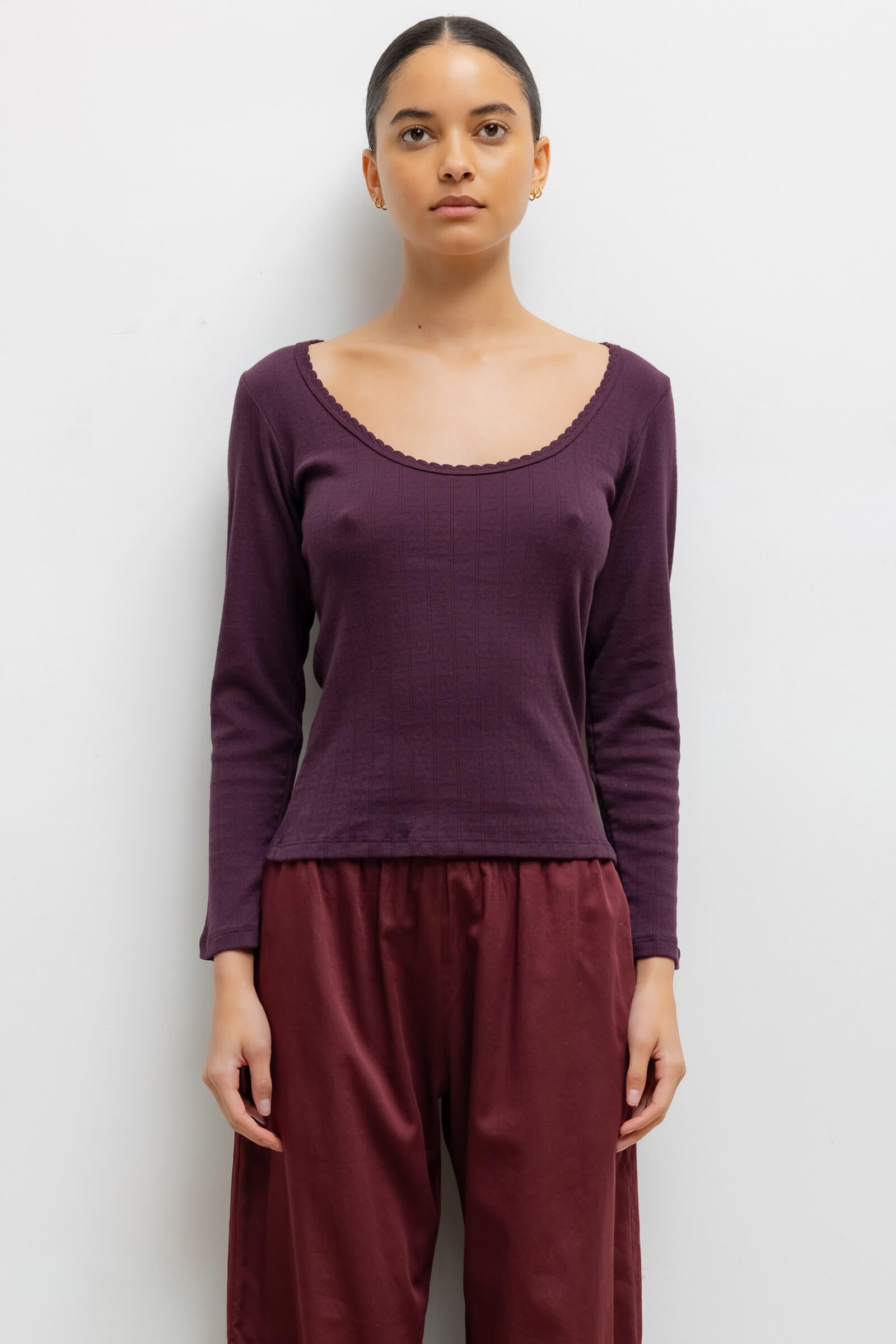 Pointelle Long Sleeve Scoop Neck