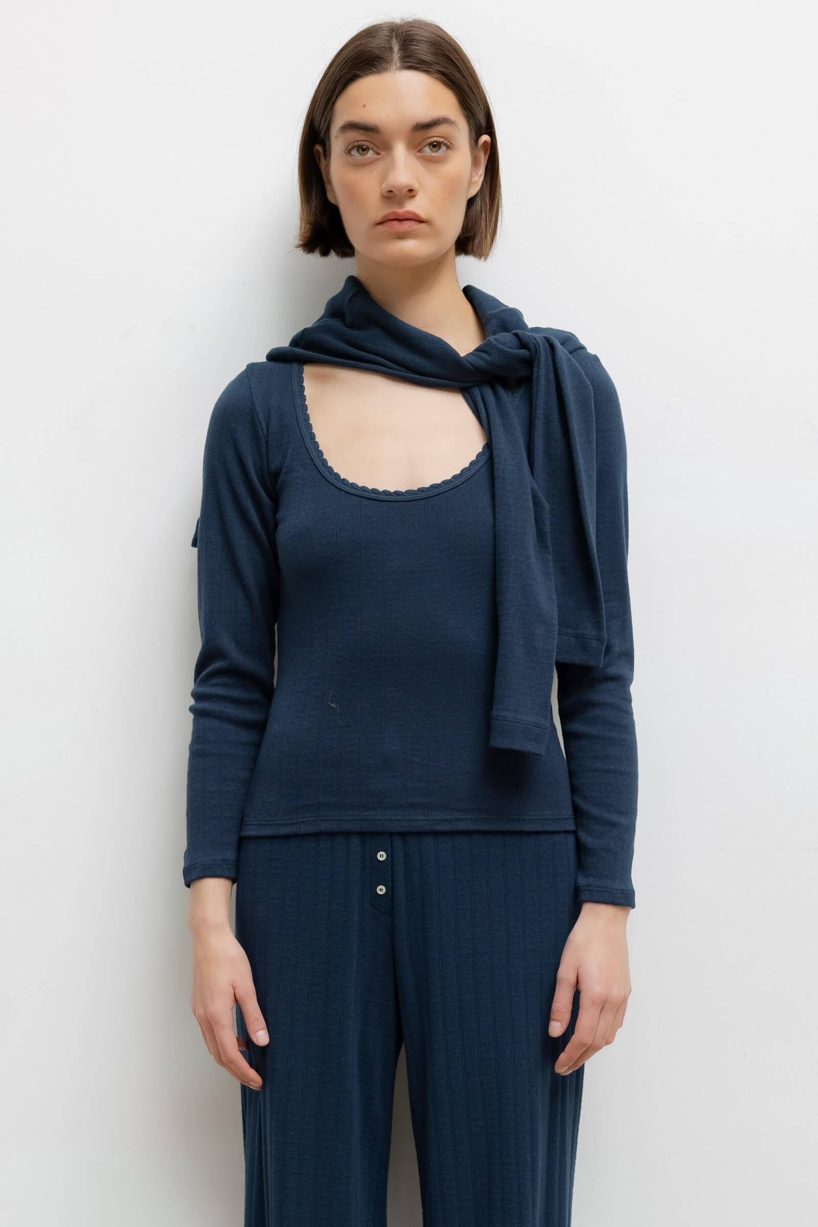 Pointelle Long Sleeve Scoop Neck