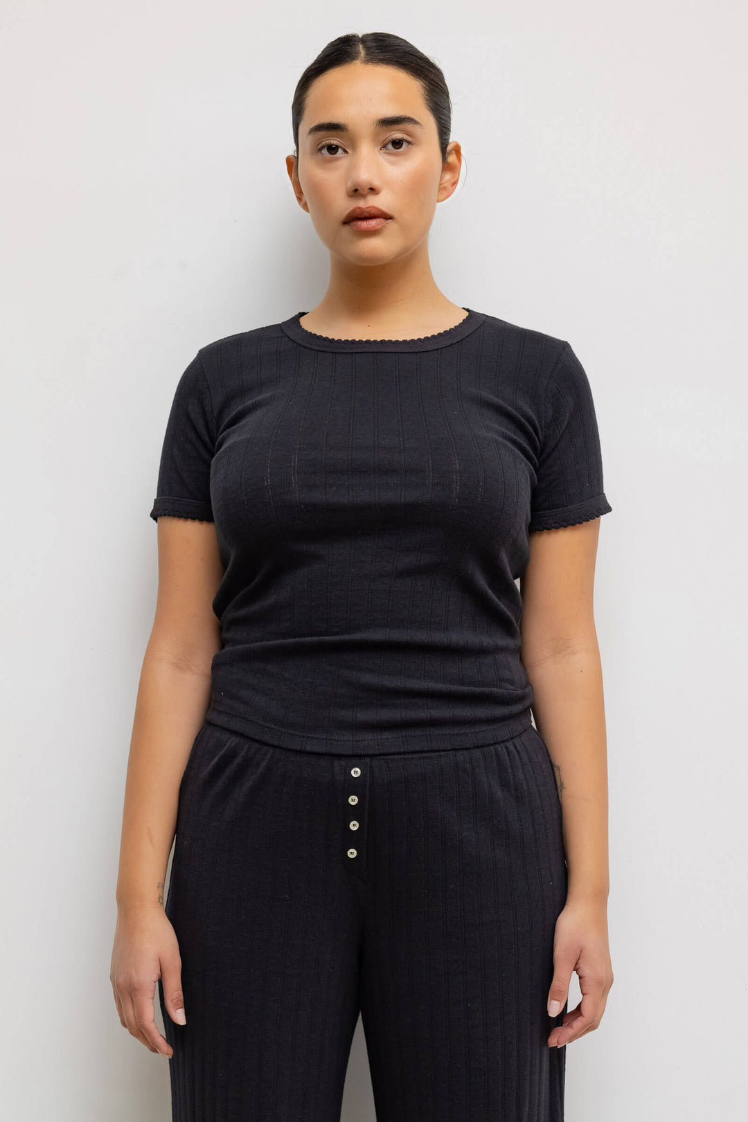 LESET Pointelle Slim Fit Tee 2 Pack in Black and White in Cotton LESET Pointelle Slim Fit Tee 2 Pack in Black and White in Cotton