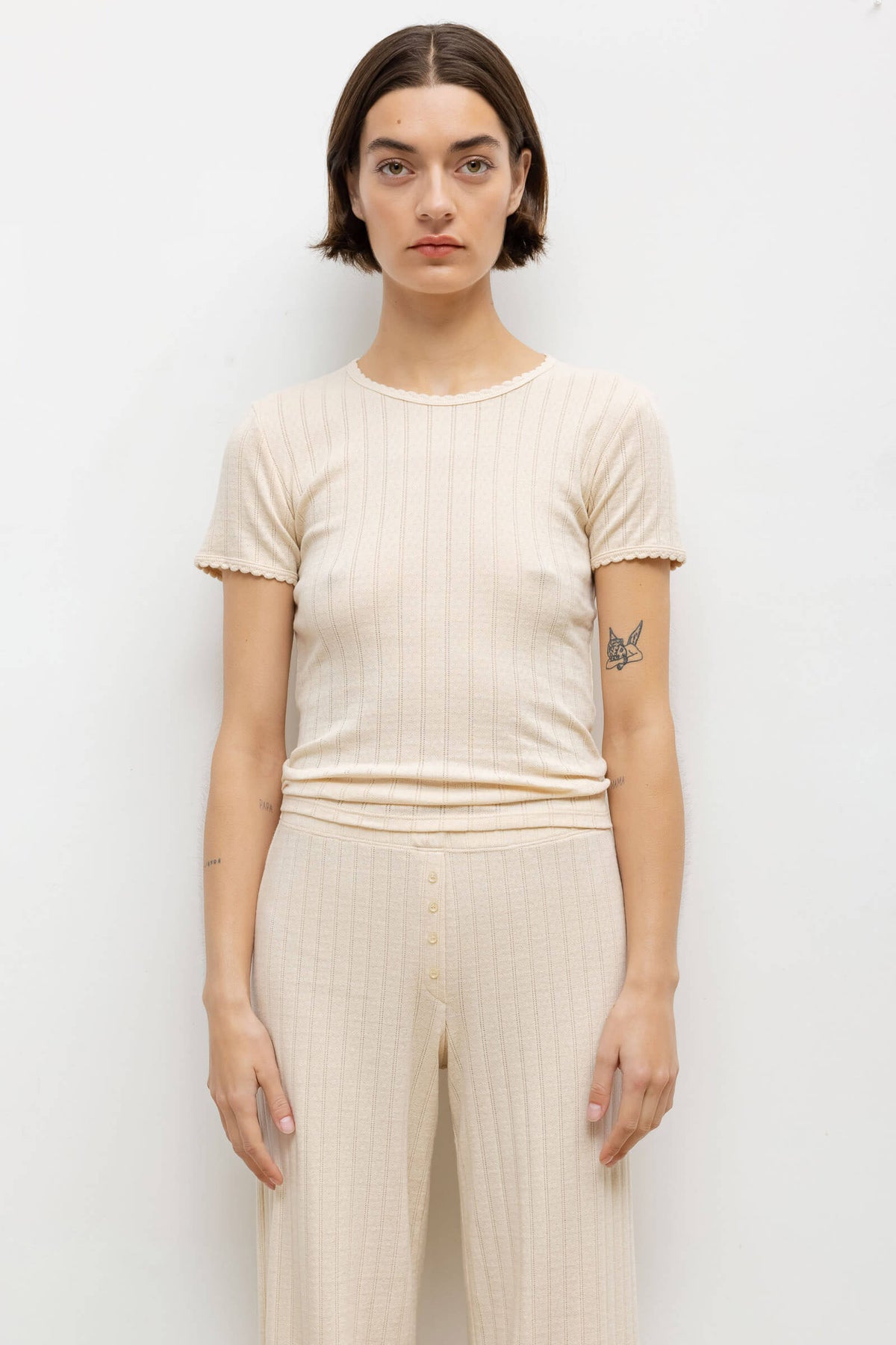 LESET Pointelle Slim Fit Tee in Creme in Cotton