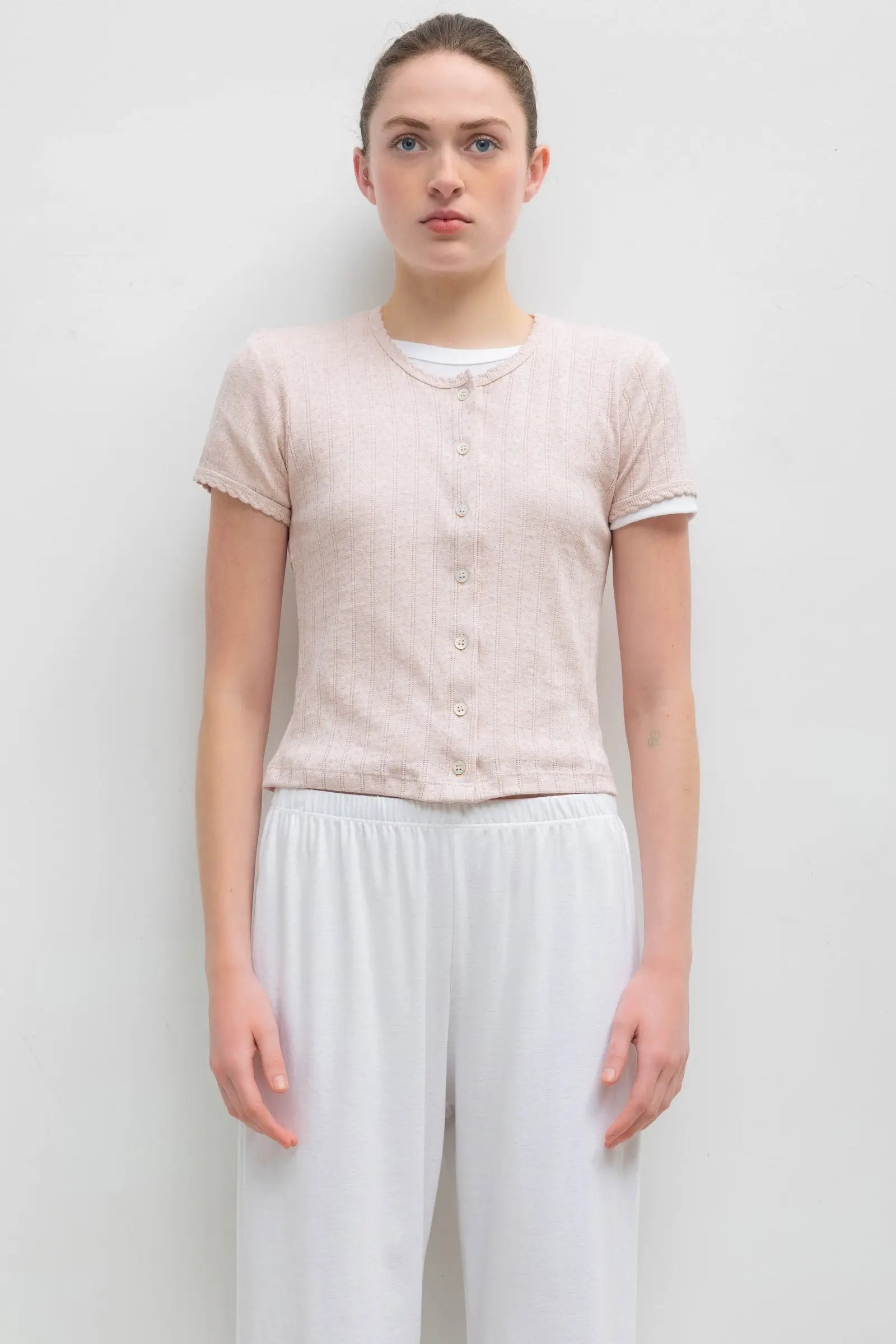 Pointelle Short Sleeve Cardigan