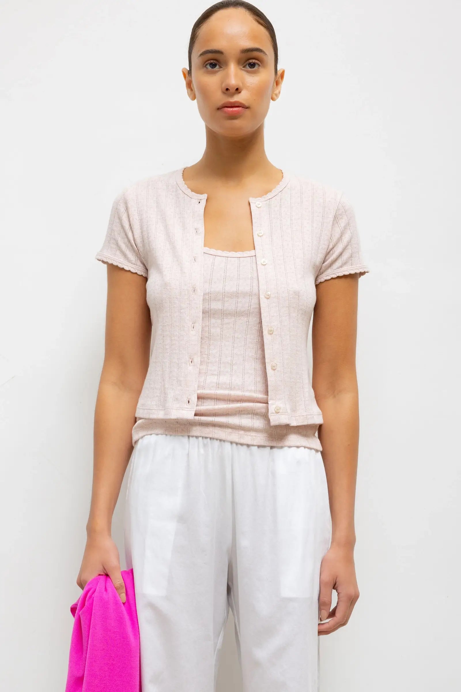 Pointelle Short Sleeve Cardigan