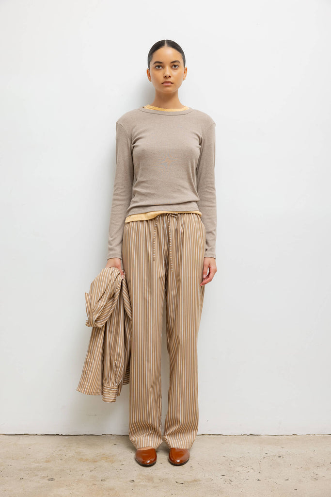 LESET Yoshi Classic Tie Pant in Mocha Brown Stripe in Cotton