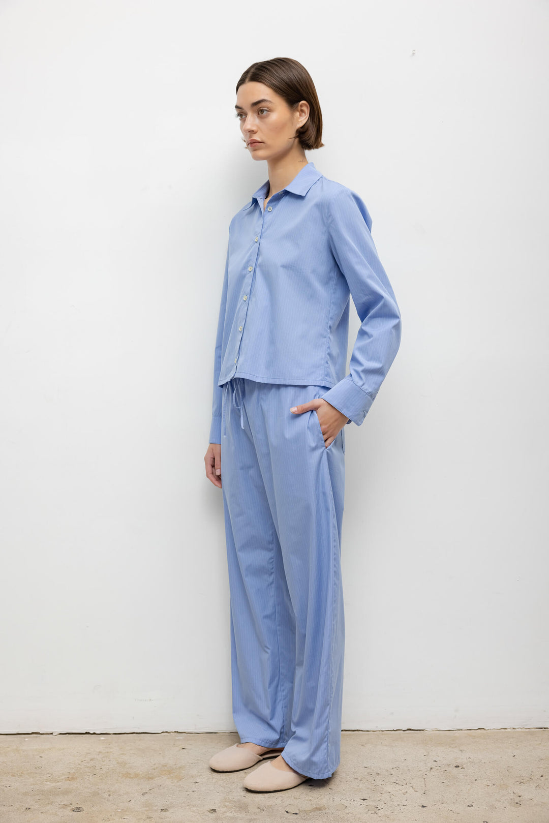 LESET Yoshi Drawstring Pant in Ocean Parchment Stripe in Cotton