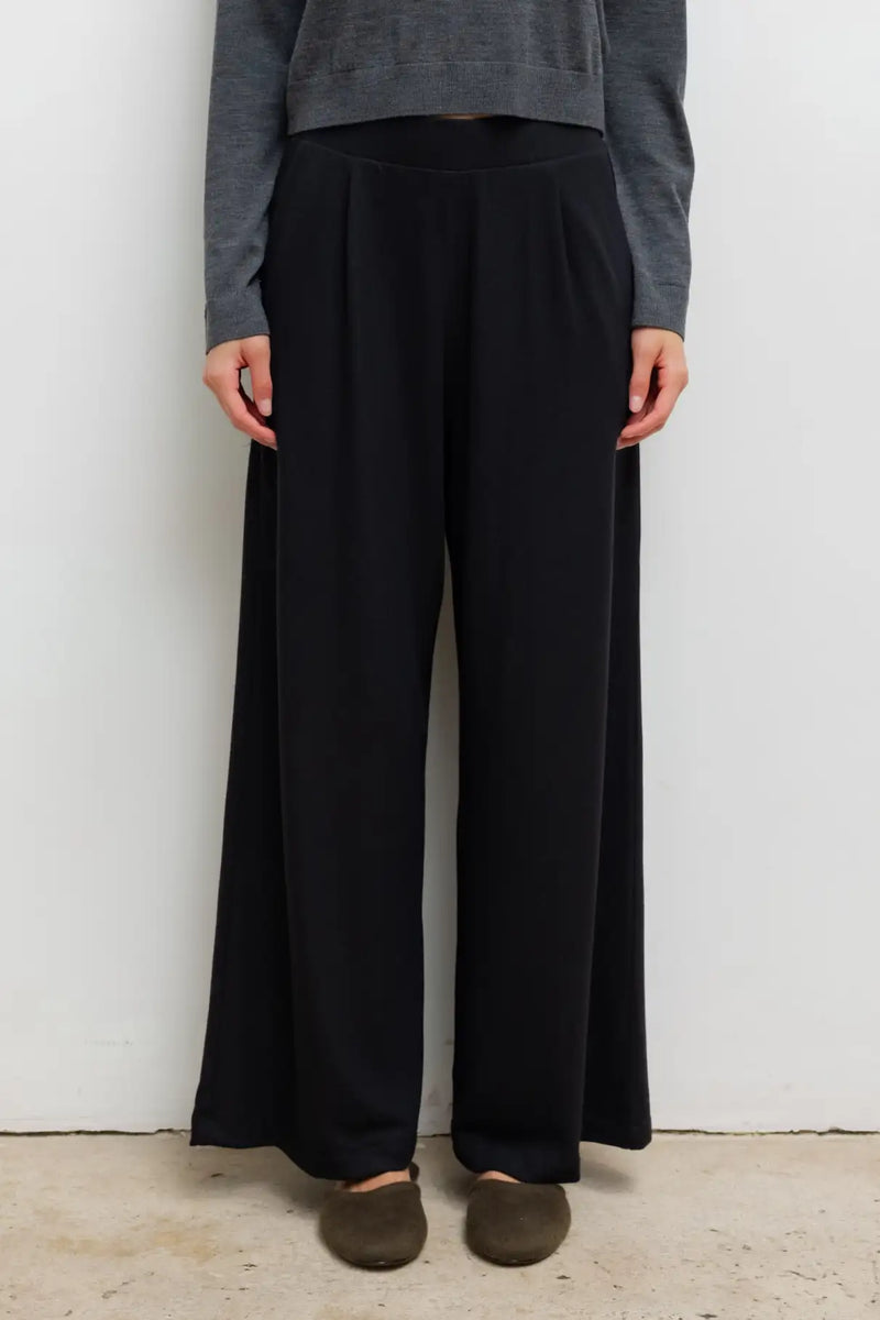 Close up of model wearing the Lauren pleated pocket pant in black.