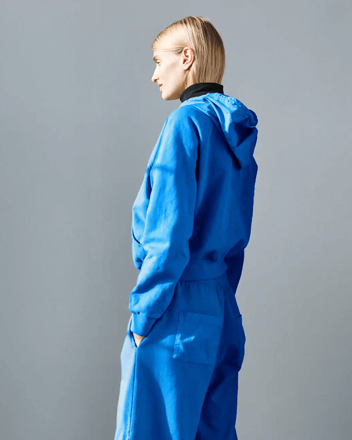 Woman's profile in blue Jamie sweat set.