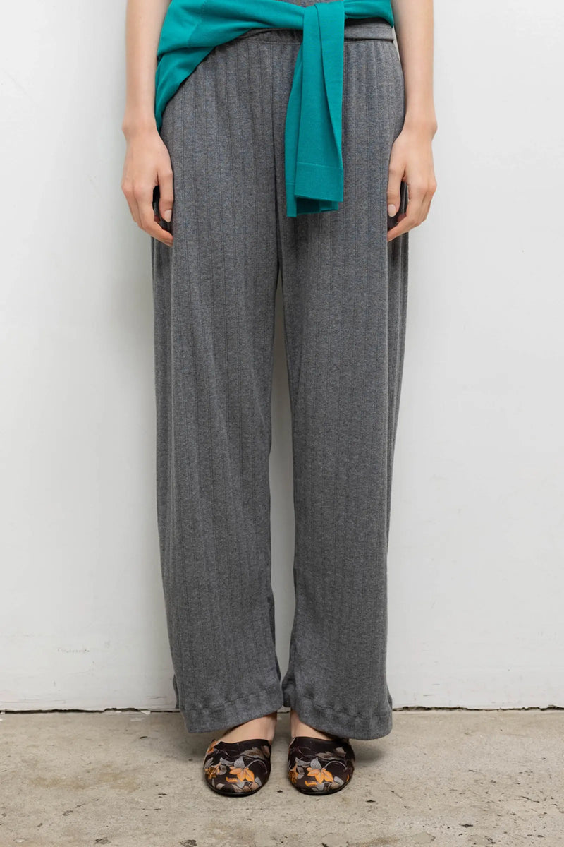 Close up of Pointelle wide leg pant in granite on model.