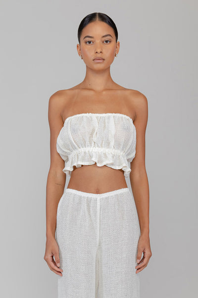 LESET Stella Ruffle Tube Top in White in Linen
